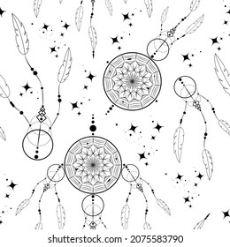 Dreamcatcher doodle seamless pattern, mandala ornament and magic stars. Mystic symbol, Ethnic art with native American Indian boho style design, vector isolated on white background