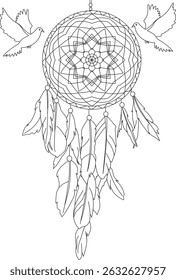 Dreamcatcher with Doves Line Art, Black and white outline vector illustration of a Native American dreamcatcher with flying doves on a white background. Features traditional web pattern, feathers,