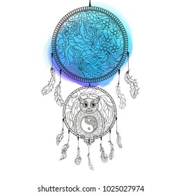 Dreamcatcher. Fat owl. Yin and Yang. Religion symbol. Zentangle. Abstract feathers. Print for polygraphy and textiles. American indians symbol. Design for spiritual relaxation for adults. Zen art