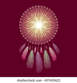 Dreamcatcher with feather, gradient and light effect. American Indian tribal symbol with glitter and glossy effect. Concept for card, graphic and cloth design, poster. Hipster vector illustration.