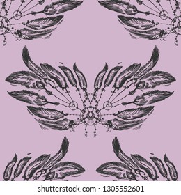 Dreamcatcher and feather pattern. Bohemian decoration. Dream catcher design. Seamless boho print.  - Illustration