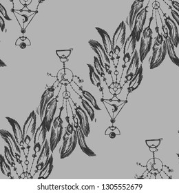 Dreamcatcher and feather pattern. Bohemian decoration. Dream catcher design. Seamless boho print.  - Illustration