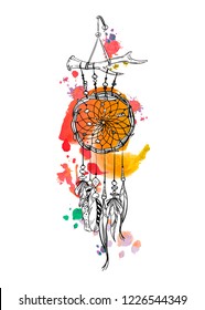 Dreamcatcher and feather with watercolor strokes isolated on white background. Native american indian dreamcatchers. Colorful vector illustration
