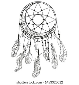 Dreamcatcher. Feathers. Abstract mystic symbol. Design for spiritual relaxation for adults. Line art creation. Black and white illustration for coloring