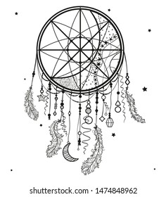 Dreamcatcher. Feathers. Abstract mystic symbol. Design for spiritual relaxation for adults. Black and white illustration for coloring