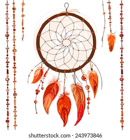 Dreamcatcher, feathers and beads. Native american indian dream catcher, traditional symbol. Color red