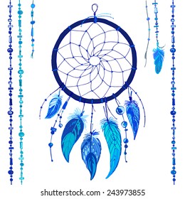 Dreamcatcher, Feathers And Beads. Native American Indian Dream Catcher, Traditional Symbol. Color Blue