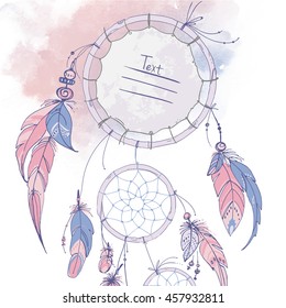 Dreamcatcher, feathers and beads. Native american indian dream catcher, traditional symbol. Feathers on a watercolor background. Vector decorative elements hippie. Color rose quartz, serenity.