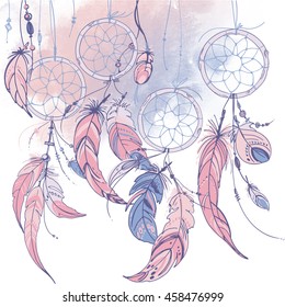 Dreamcatcher, feathers and beads. Native american indian dream catcher, traditional symbol. Feathers on a watercolor background. Vector decorative elements hippie. Color rose quartz, serenity.