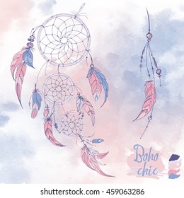 Dreamcatcher, feathers and beads. Native american indian dream catcher, traditional symbol. Feathers on a watercolor background. Vector decorative elements hippie. Color rose quartz, serenity.