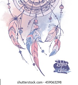 Dreamcatcher, feathers and beads. Native american indian dream catcher, traditional symbol. Feathers on a watercolor background. Vector decorative elements hippie. Color rose quartz, serenity.