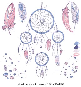 Dreamcatcher, feathers and beads. Native american indian dream catcher, traditional symbol. Feathers and beads on white background. Vector decorative elements hippie. Color rose quartz, serenity.