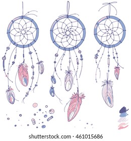 Dreamcatcher, feathers and beads. Native american indian dream catcher, traditional symbol. Feathers and beads on white background. Vector decorative elements hippie. Color rose quartz, serenity.