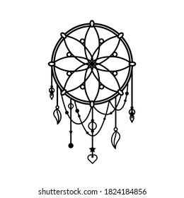 Dreamcatcher with feathers and beads on white background. Boho object tribal element.