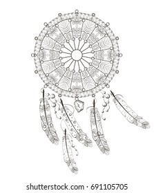 Dreamcatcher with feathers, beads, patterns, petals. Mandala. Mehendi. Boho.