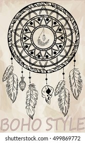 Dreamcatcher with feathers. Boho style. Hand drawn. Vector illustration.