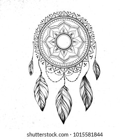 Dreamcatcher with feathers and branches. Sweet dream. Native American Indian talisman. Vector hand drawn illustration isolated on white background. Boho design, tattoo art. svg