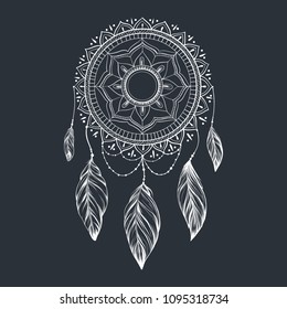 Dreamcatcher with feathers and branches. Sweet dream. Native American Indian talisman. Vector hand drawn illustration isolated on white background. Boho design, tattoo art.