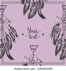 Dreamcatcher with feathers and branches. Sweet dream. Native American Indian talisman. Vector hand drawn illustration isolated on white background. Boho design, tattoo art. - Vector