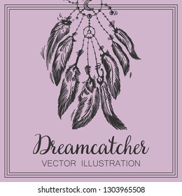 Dreamcatcher with feathers and branches. Sweet dream. Native American Indian talisman. Vector hand drawn illustration isolated on white background. Boho design, tattoo art. - Vector