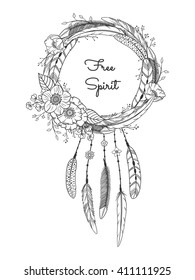 Dreamcatcher with feathers and flowers. Boho style. Hand drawn magic symbol. Black and white, suitable for coloring book. Bohemian collection. Vector illustration.
