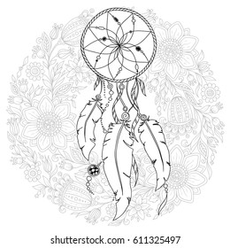 Dreamcatcher with feathers and flowers. Boho style. Hand drawn magic symbol. Black and white, suitable for coloring book. Bohemian collection. Vector illustration.