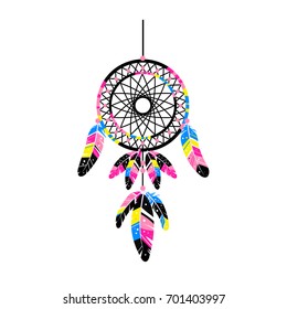 Dreamcatcher with feathers, gemstones. Card with art, astrology, spirituality, magic symbol. Ethnic tribal element. Flat style Vector illustration