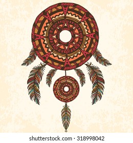Dreamcatcher, feathers. Hand drawn vector illustration