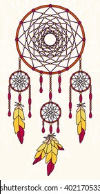 Dreamcatcher and feathers isolated vector illustration. Bright colors.
