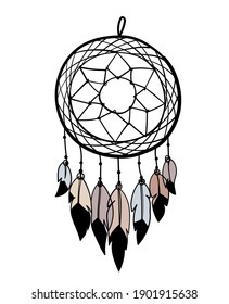 Dreamcatcher with feathers, magical line drawing in boho design, witch tattoo, spiritual amulet. Vector hand drawn illustration isolated on white background.