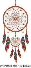 Dreamcatcher and feathers, Native American amulet.Graphic vector.