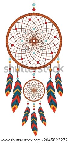 Dreamcatcher and feathers, Native American amulet.Graphic vector.