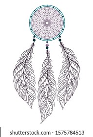 Dreamcatcher with feathers . Native American Indian talisman. Vector print isolated on white background. traditional art design.