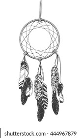 Dreamcatcher with feathers. Native American Indian talisman. Vector hand drawn hipster illustration isolated on white background. Boho design, tattoo art, coloring book for adults.