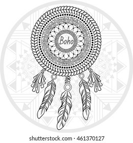 Dreamcatcher with feathers on the shaman drum background. Boho chic style.