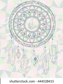 Dreamcatcher with feathers on the triangle background.