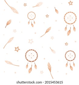 Dreamcatcher, feathers, stars on seamless pattern. Bohemian illustration in natural beige colors. Background with indian amulet, mascot. Baby's print for nursery, textile, packaging.