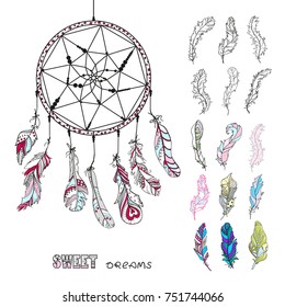 Dreamcatcher. Feathers. Tattoo art, mystic symbol. Abstract feathers. Prints for polygraphy and textiles. American Indians symbol. Design for spiritual relaxation for adults. Zen art. Decorative style