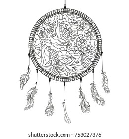 Dreamcatcher. Feathers. Tattoo art, mystic symbol. Abstract feathers. Prints for polygraphy and textiles. American Indians symbol. Design for spiritual relaxation for adults. Zen art. Decorative style