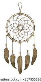 Dreamcatcher with feathers, threads and beads. Vector illustration.