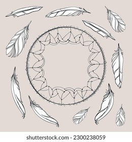 Dreamcatcher and Feathers - Vector Drawing