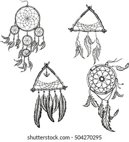 Dreamcatcher with feathers. Vector hand drawn illustration