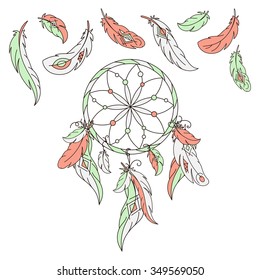 Dreamcatcher, feathers. Vector illustration. American Indian dream Catcher traditional symbol.