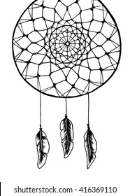 Dreamcatcher with feathers vector illustration, dreamcather mandala, dreamcatcher for coloring, black and white  dreamcatched drawing, hand-drawn dreamcatcher with feathers, mandala drawing