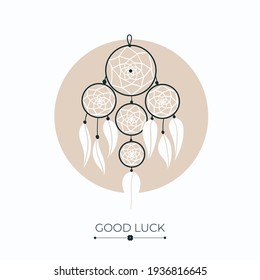 Dreamcatcher fortune and success charm, talisman or amulet with good luck words. Dream catcher, symbol of luck, fortune, wealth and prosperity. Vector illustration isolated on white background