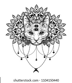 Dreamcatcher with four eyed cat. Vintage boho style.