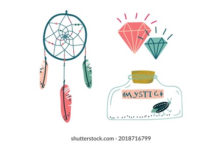 Dreamcatcher and Glass Jar with Insect as Witchcraft Object for Spells and Performing Magical Rituals Vector Set