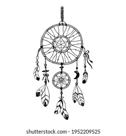 Dreamcatcher Hand Drawn Illustration, Black And White Graphic. Native Americans, Apache, Cherokee Culture. Esoteric And Mystical Drawing. Design Element For Poster, Card, Print, Textile