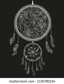 Dreamcatcher. Hand drawn mystic symbol. Zentangle. Zen art. Design for spiritual relaxation for adults. Line art creation. Black and white illustration for coloring