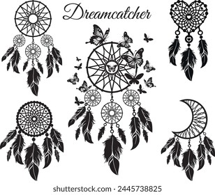 Dreamcatcher Handgezeichnete Vektorgrafik Set Illustration. Vektorgrafik Silhouette